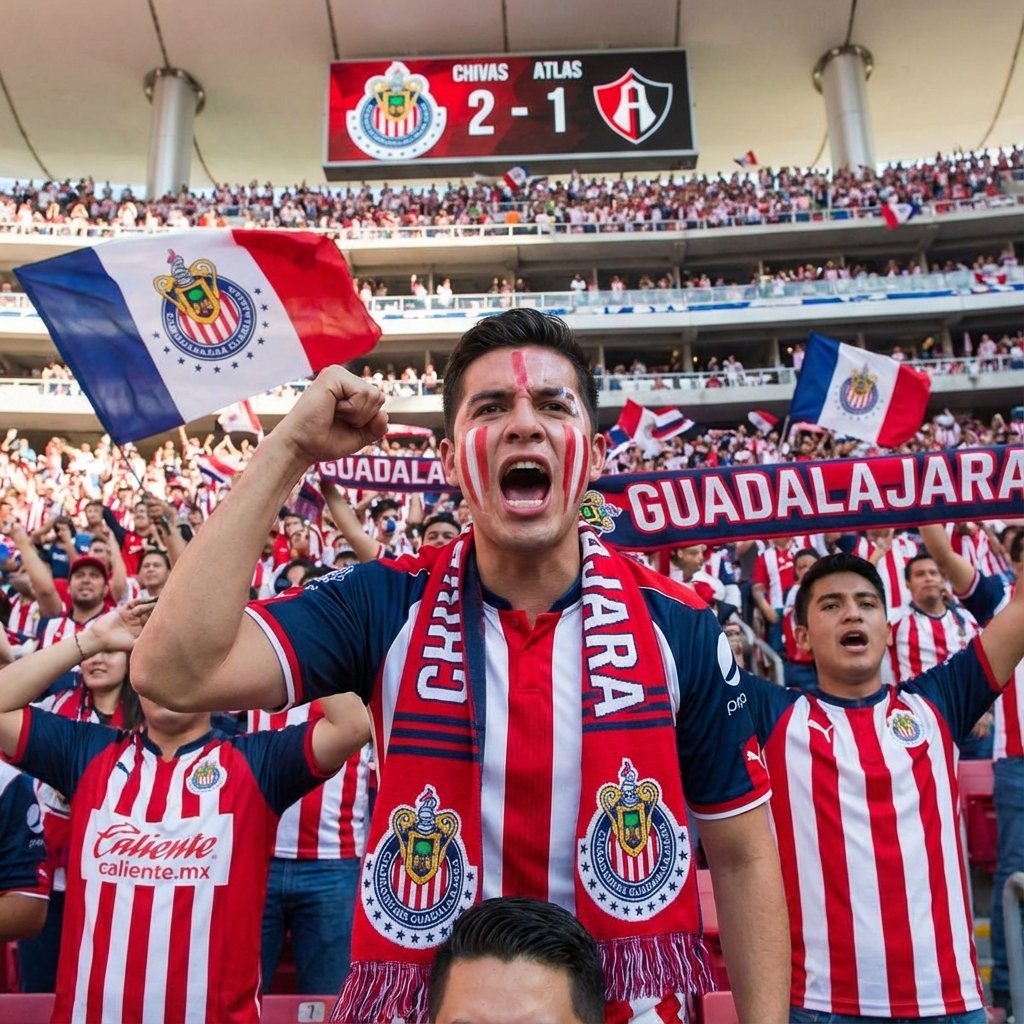 Grupo de aficionados de Chivas en el estadio usando diferentes tallas y estilos de jersey oficial del equipo