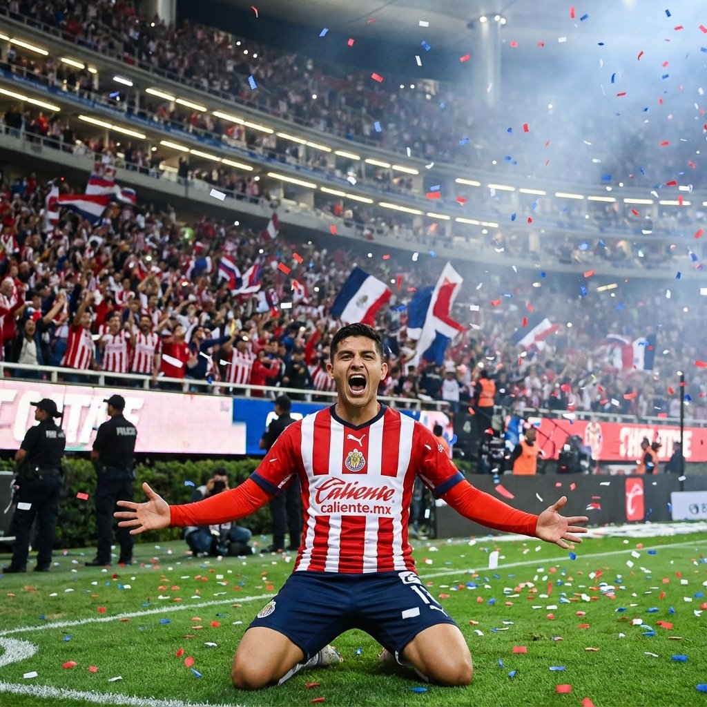 Jugador de Chivas Guadalajara celebrando gol con jersey oficial 2024-25 en el estadio con aficionados