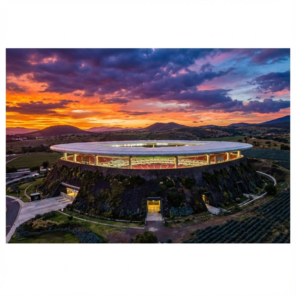 Vista panorámica del Estadio Akron de Chivas Guadalajara al atardecer mostrando su arquitectura única de roca volcánica