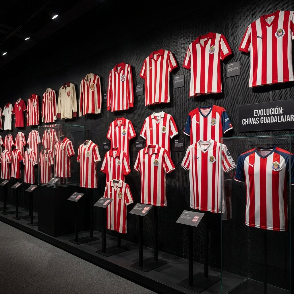 Colección histórica de jerseys de Chivas Guadalajara mostrando la evolución del diseño rojiblanco a través de las décadas